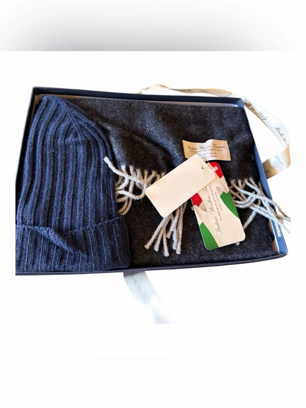 NWT NIb Men’s Italian 100% Wool Scarf & Beanie Set Made in Italy Navy Gray